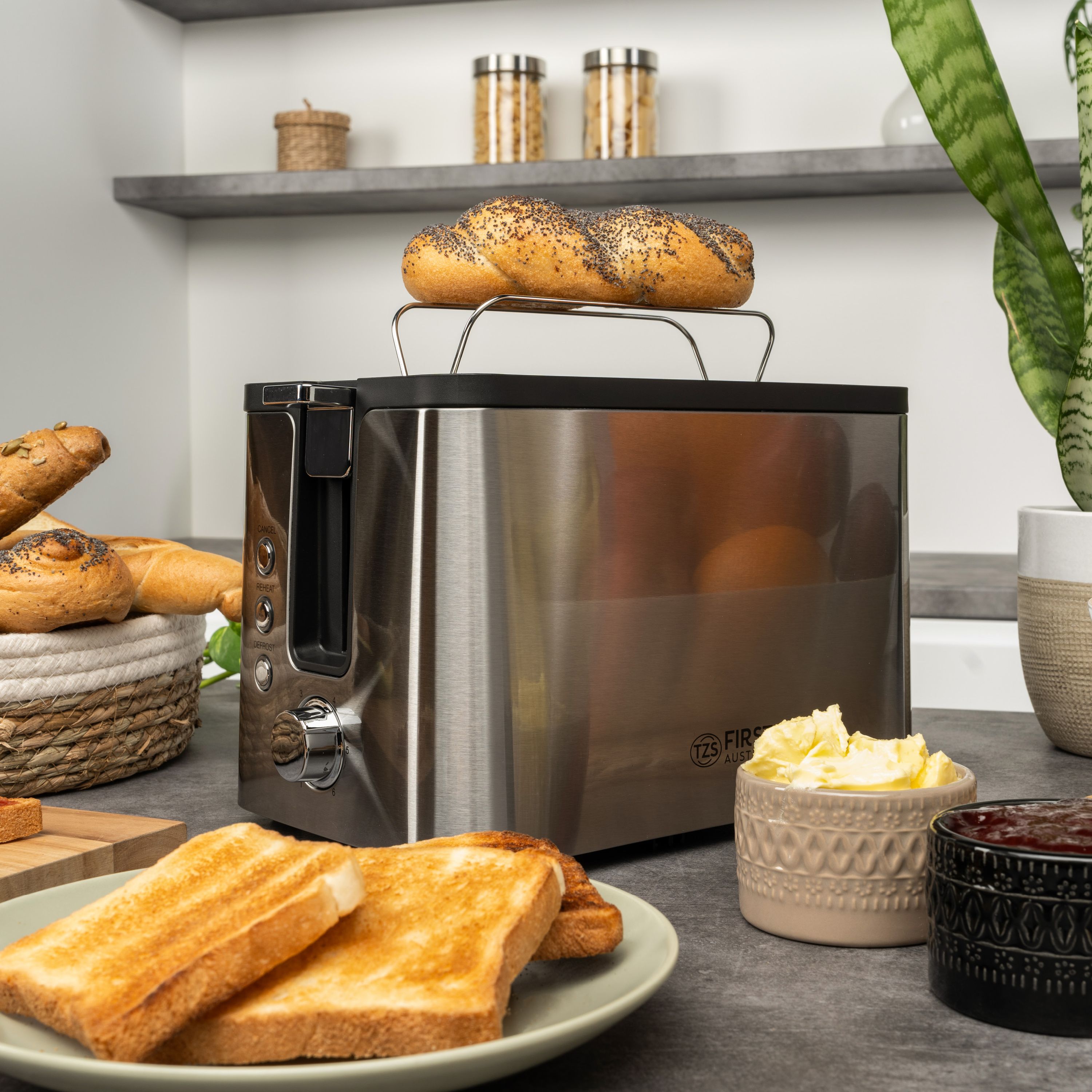 Toaster 2 Scheiben, Edelstahl, mit Brötchenaufsatz