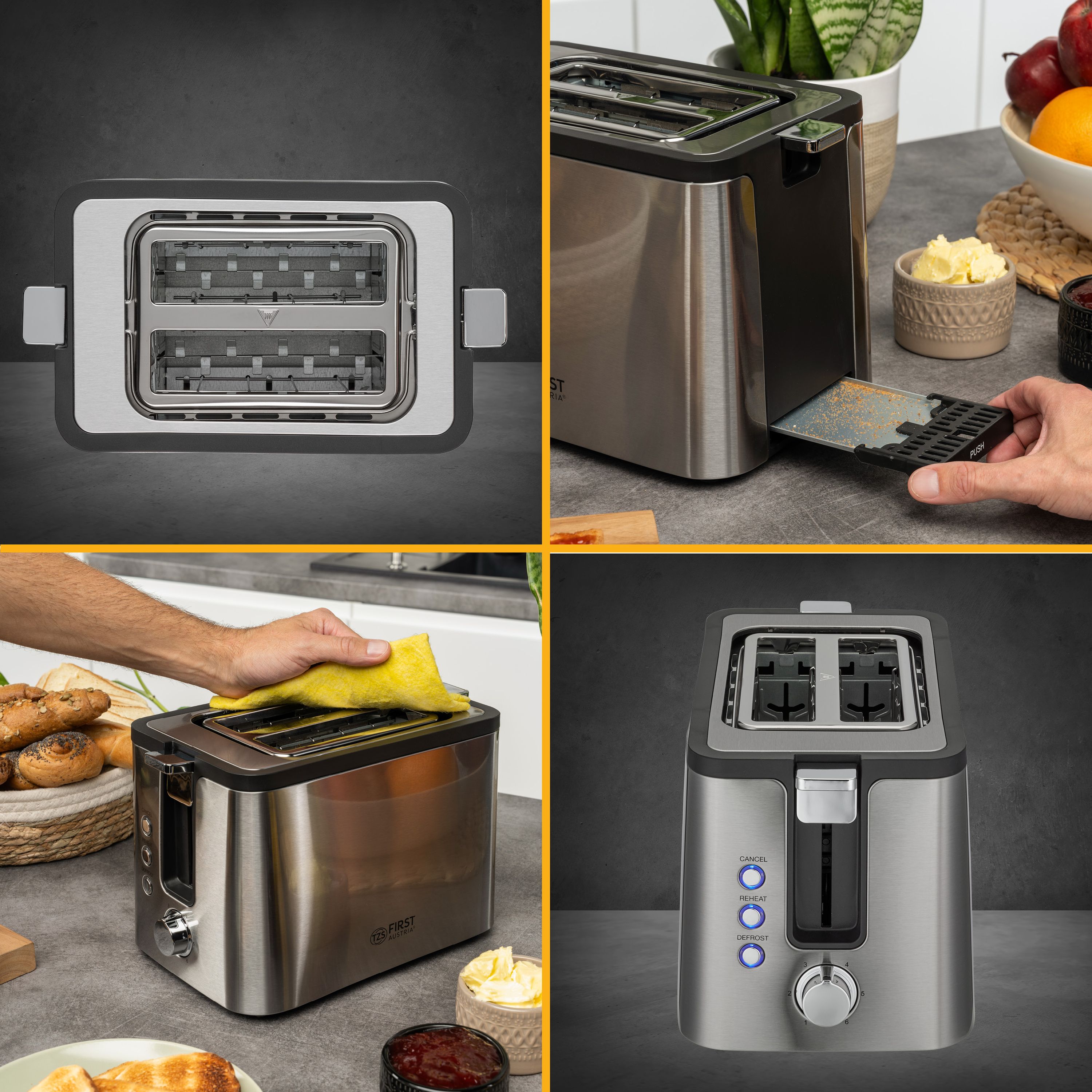 Toaster 2 Scheiben, Edelstahl, mit Brötchenaufsatz