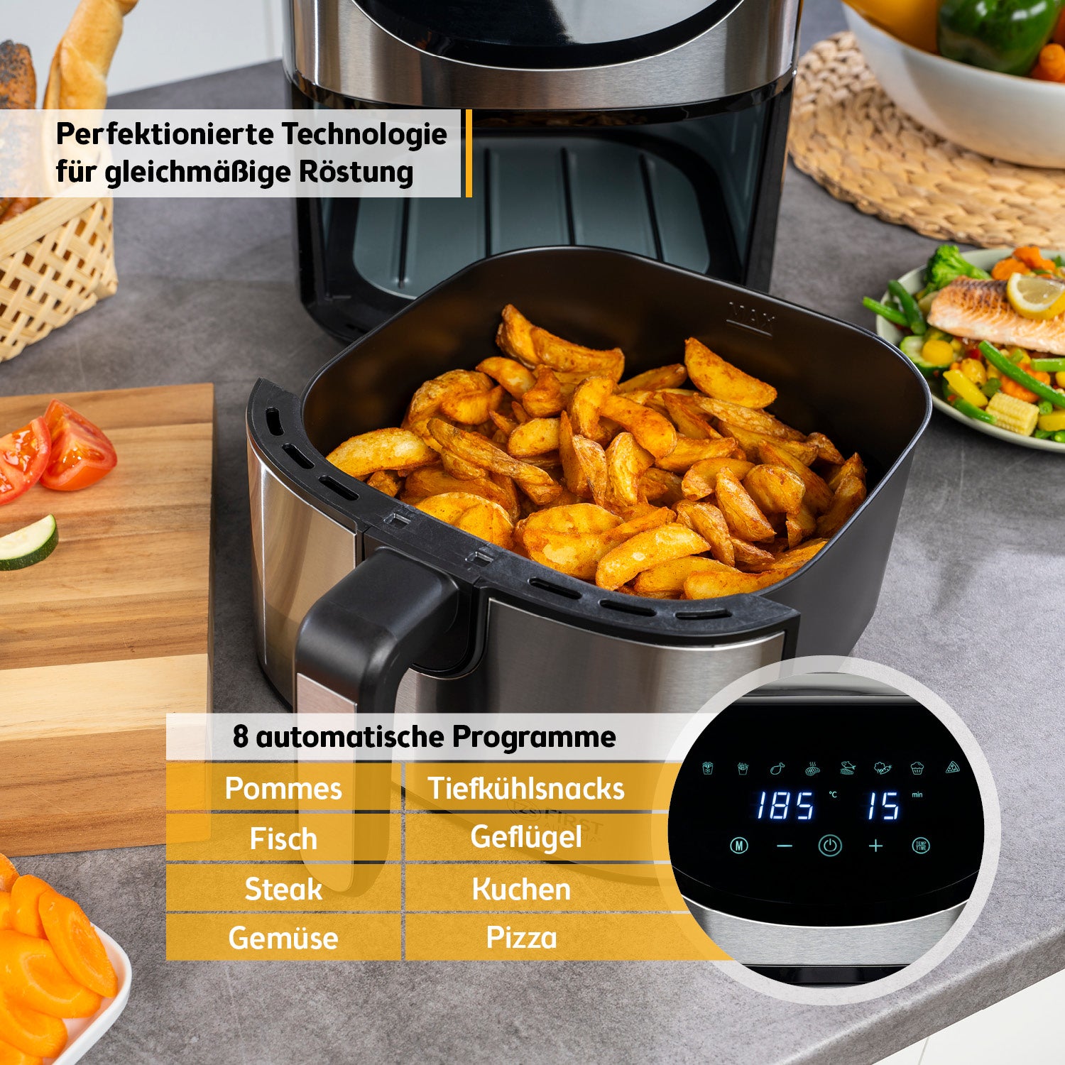 Heißluftfritteuse 5,8 l – digital, 1700 W, 8 Programme, fettarm & kompakt, Timer, Antihaft