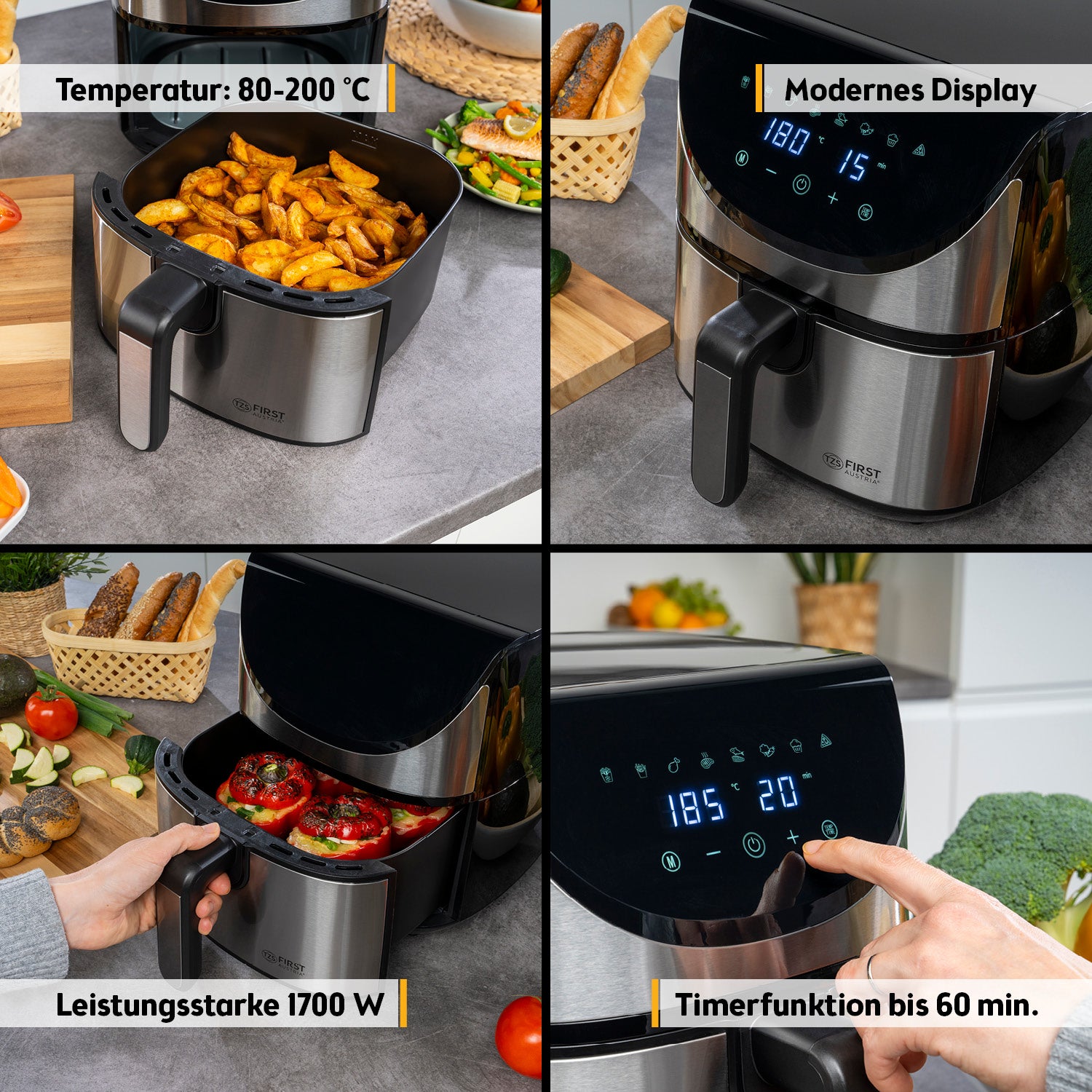 Heißluftfritteuse 5,8 l – digital, 1700 W, 8 Programme, fettarm & kompakt, Timer, Antihaft