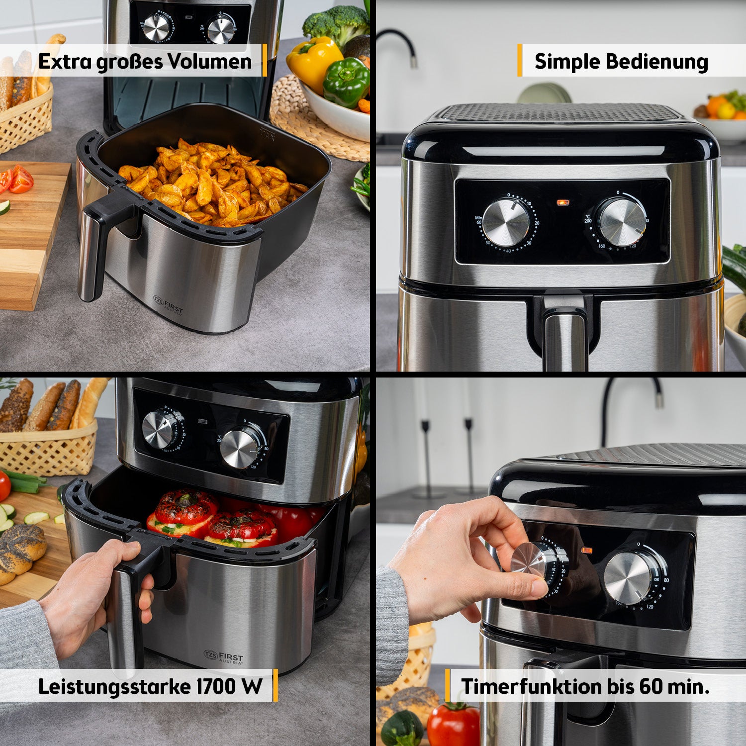 Heißluftfritteuse 8 l – mechanisch, 1700 W, Antihaft, Timer, leise, fettarm & kompakt