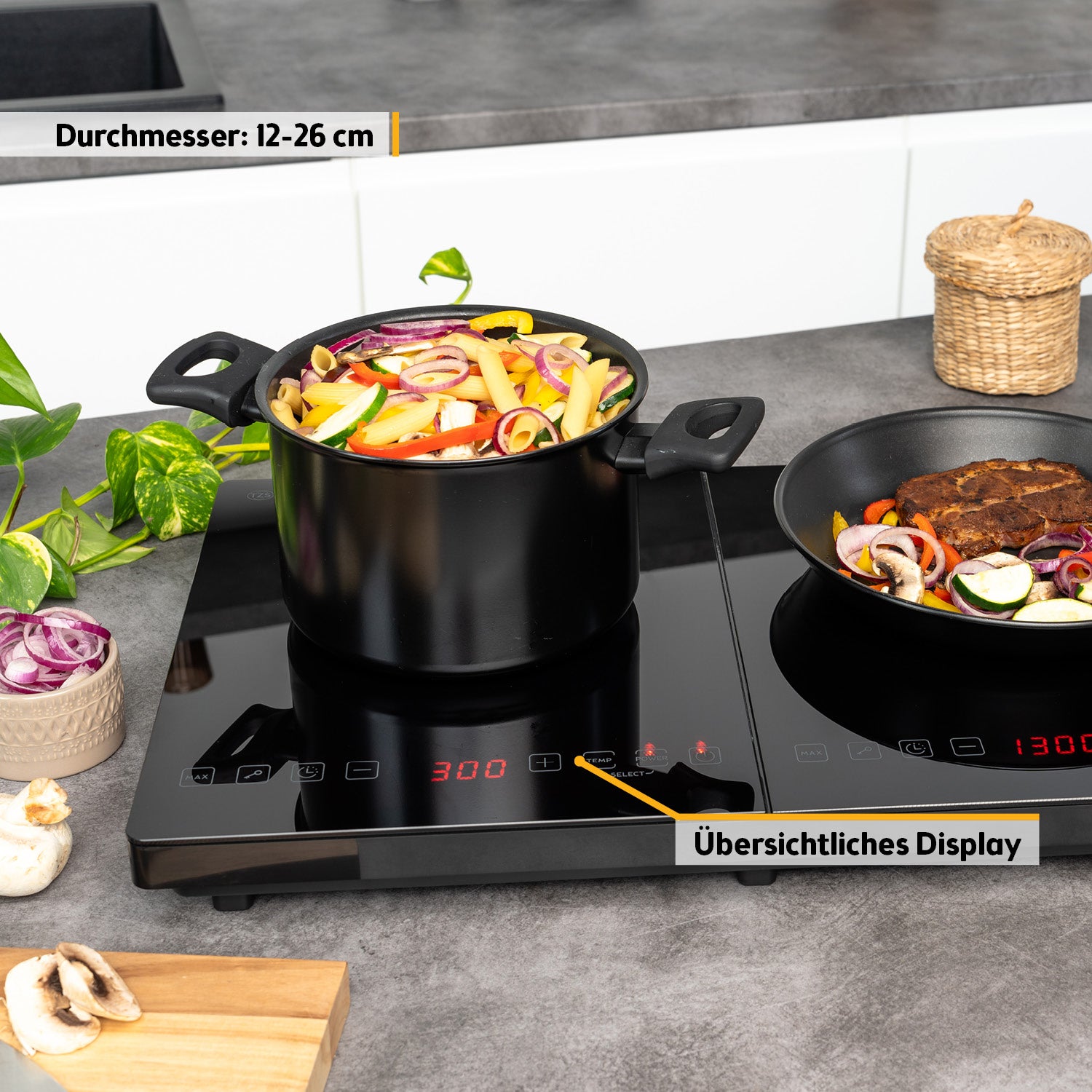 Induktions-Doppelkochplatte 2×220 mm, digital & leistungsstark