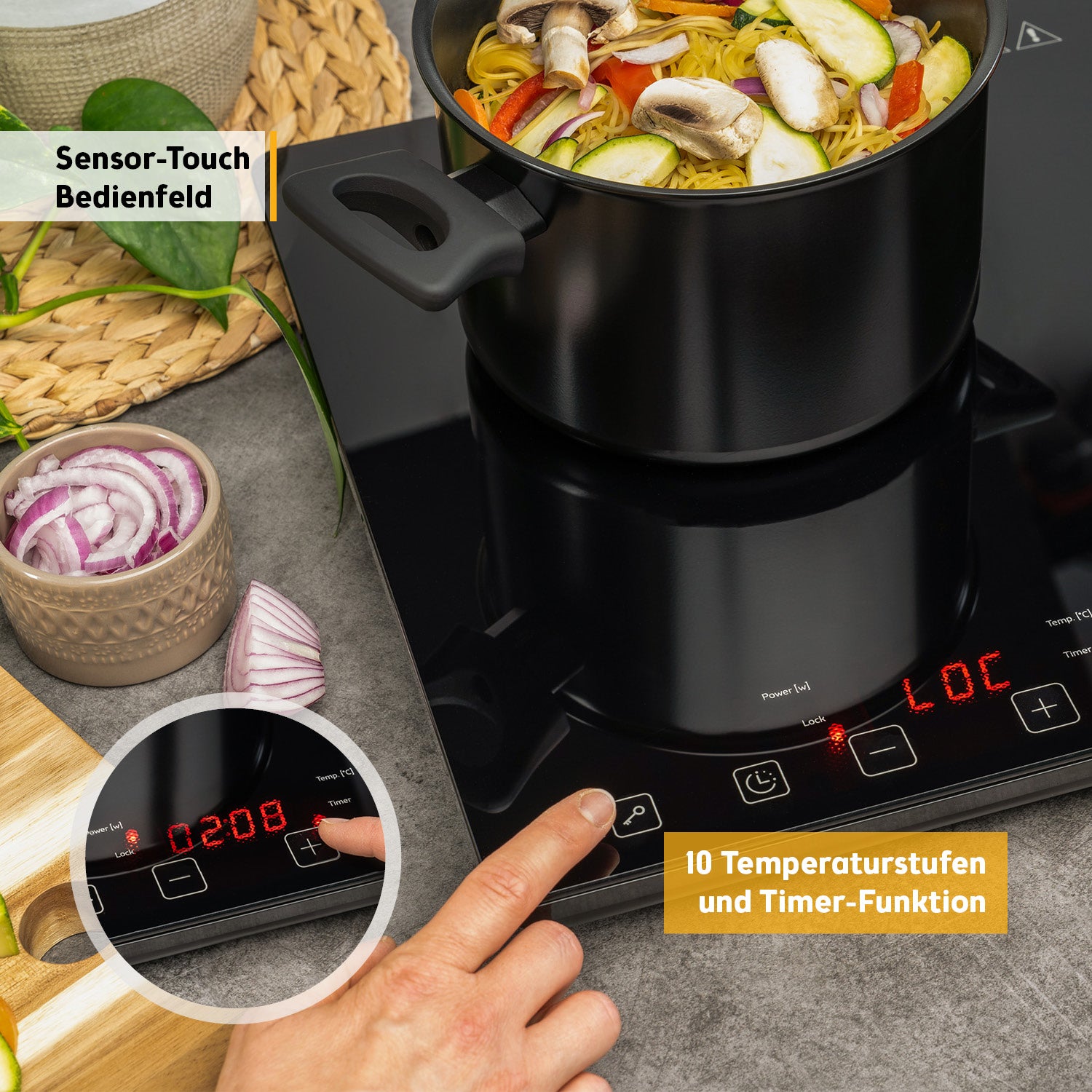 Induktions-Doppelkochplatte 2×220 mm, digital & leistungsstark