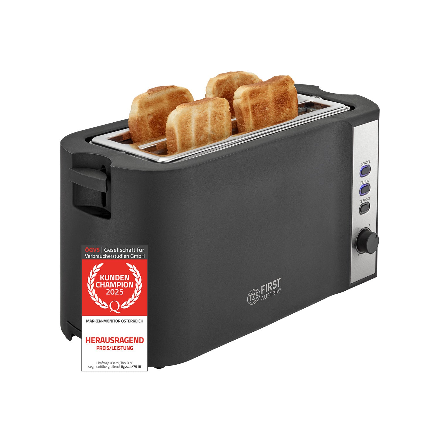 Toaster 4 Scheiben, 2 Langschlitze, mit Brötchenaufsatz