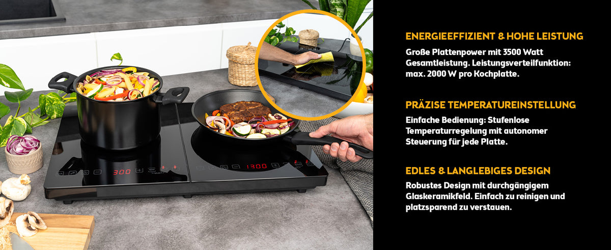 Doppel-Induktionskochplatte 3500 W, Touch-Bedienung, mit Timer