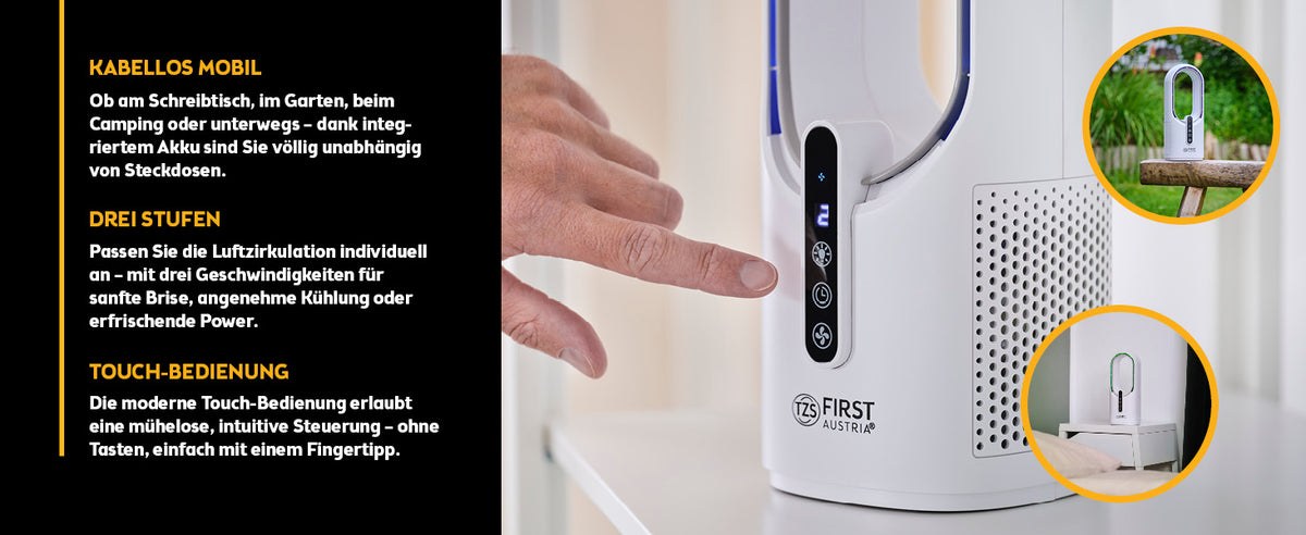 Tischventilator kabellos, blattlos, 7-Farben-Licht, USB-C