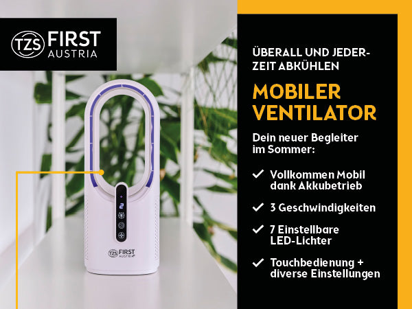 Tischventilator kabellos, blattlos, 7-Farben-Licht, USB-C