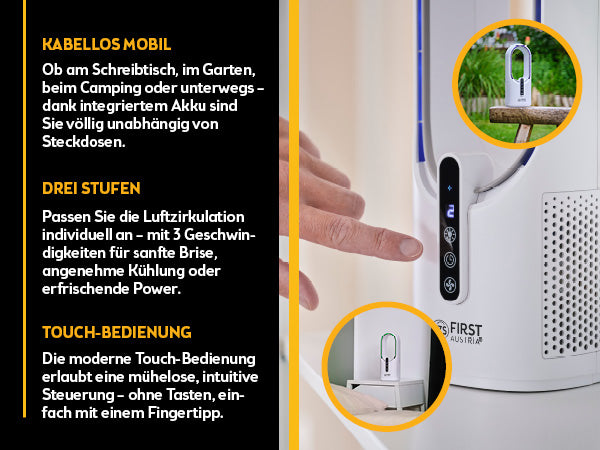 Tischventilator kabellos, blattlos, 7-Farben-Licht, USB-C