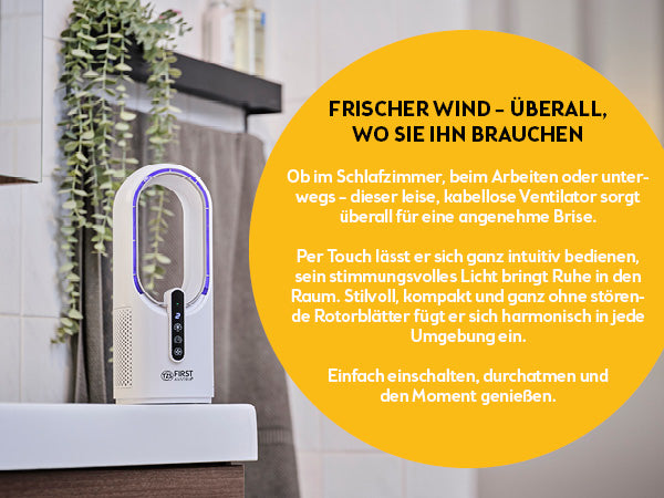 Tischventilator kabellos, blattlos, 7-Farben-Licht, USB-C