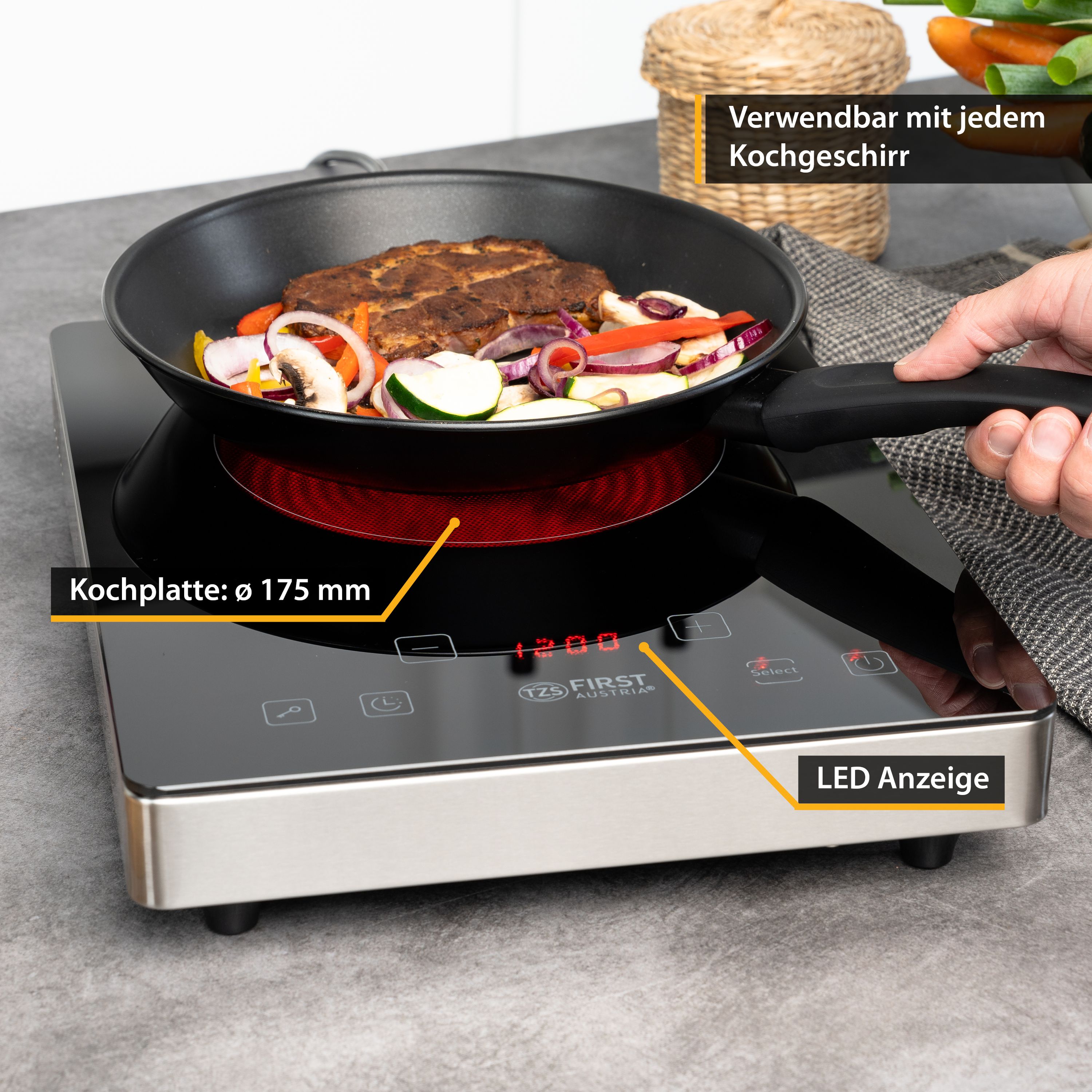 Infrarot Einzelkochplatte 2000 W, Touch-Bedienung, mobil