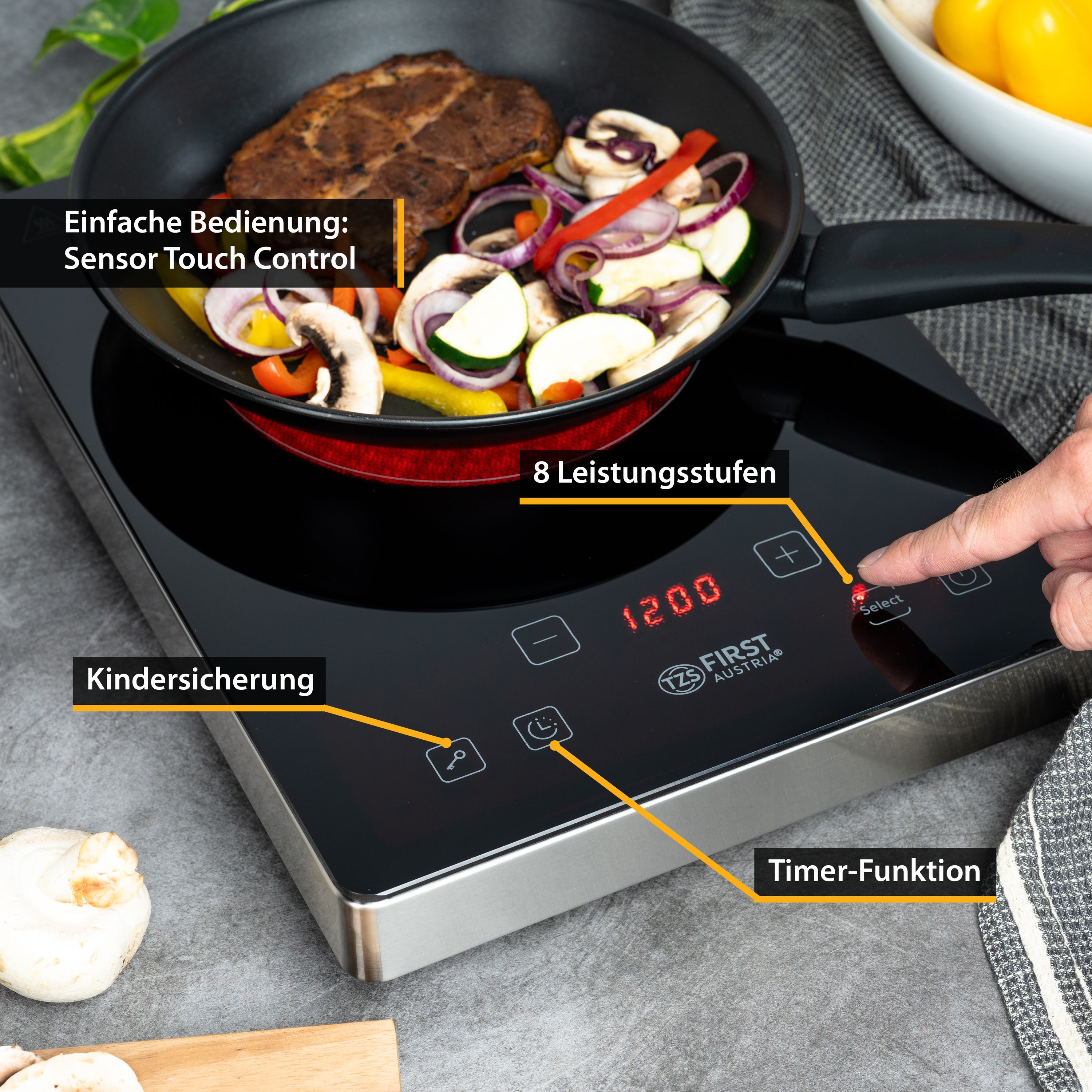 Infrarot Einzelkochplatte 2000 W, Touch-Bedienung, mobil