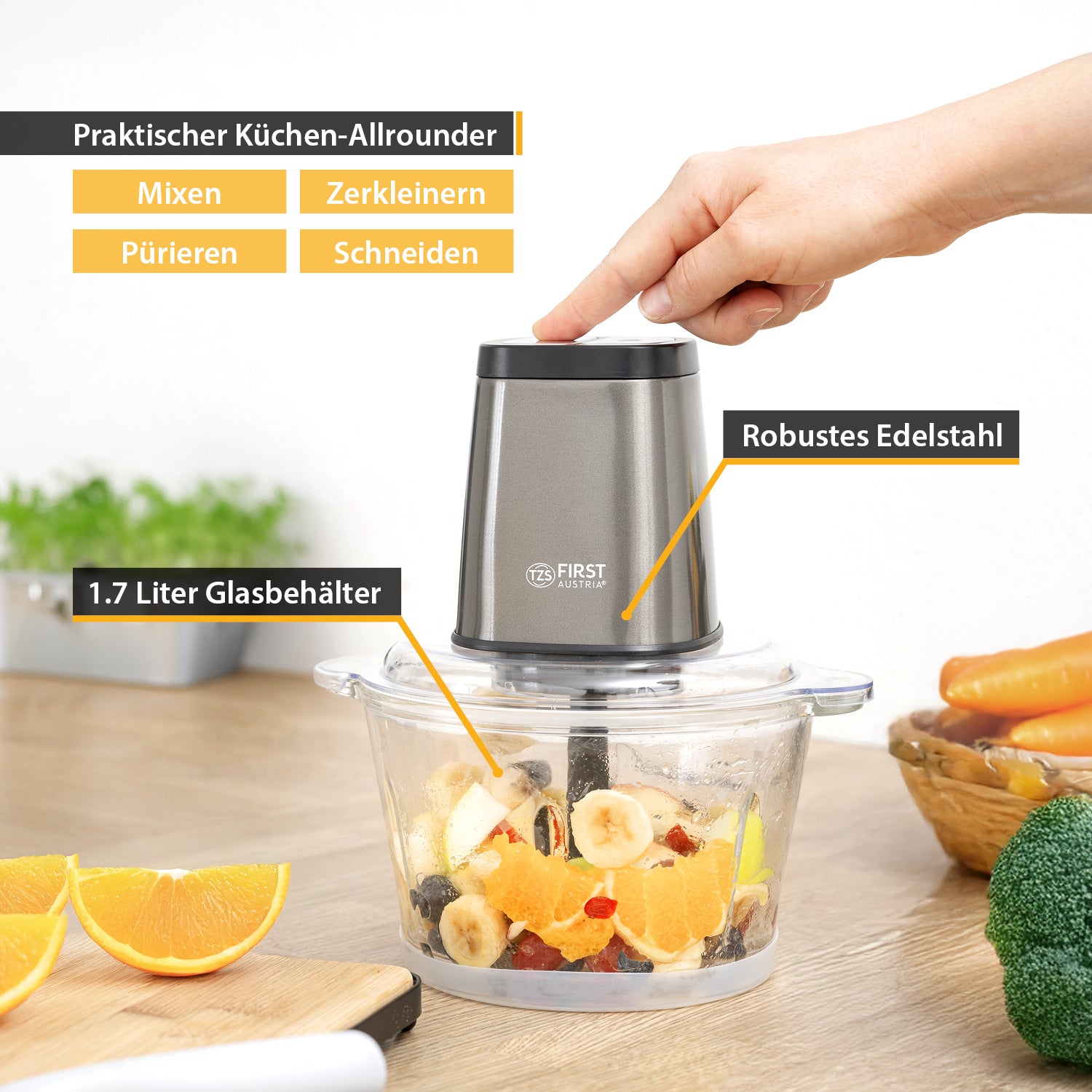 Elektrischer Zerkleinerer 400W – Mit 1,5L Glasbehälter, 2 Stufen, 4 Edelstahlklingen, Für Fleisch, Gemüse, Obst & Babybrei, Sicherheitsstopp