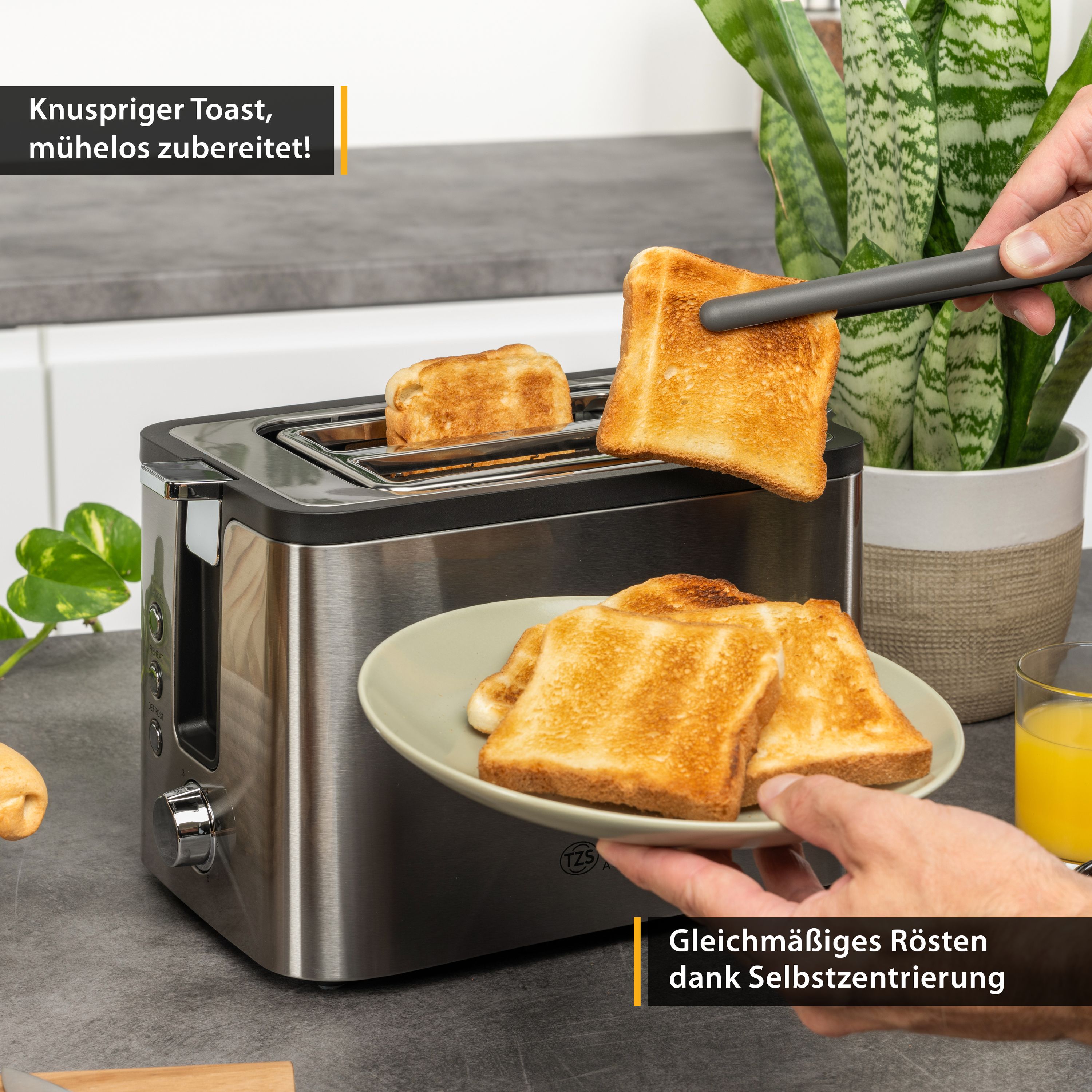 2-Scheiben-Toaster, Brotzentrierung, Auftau- & Aufwärmfunktion, 800W