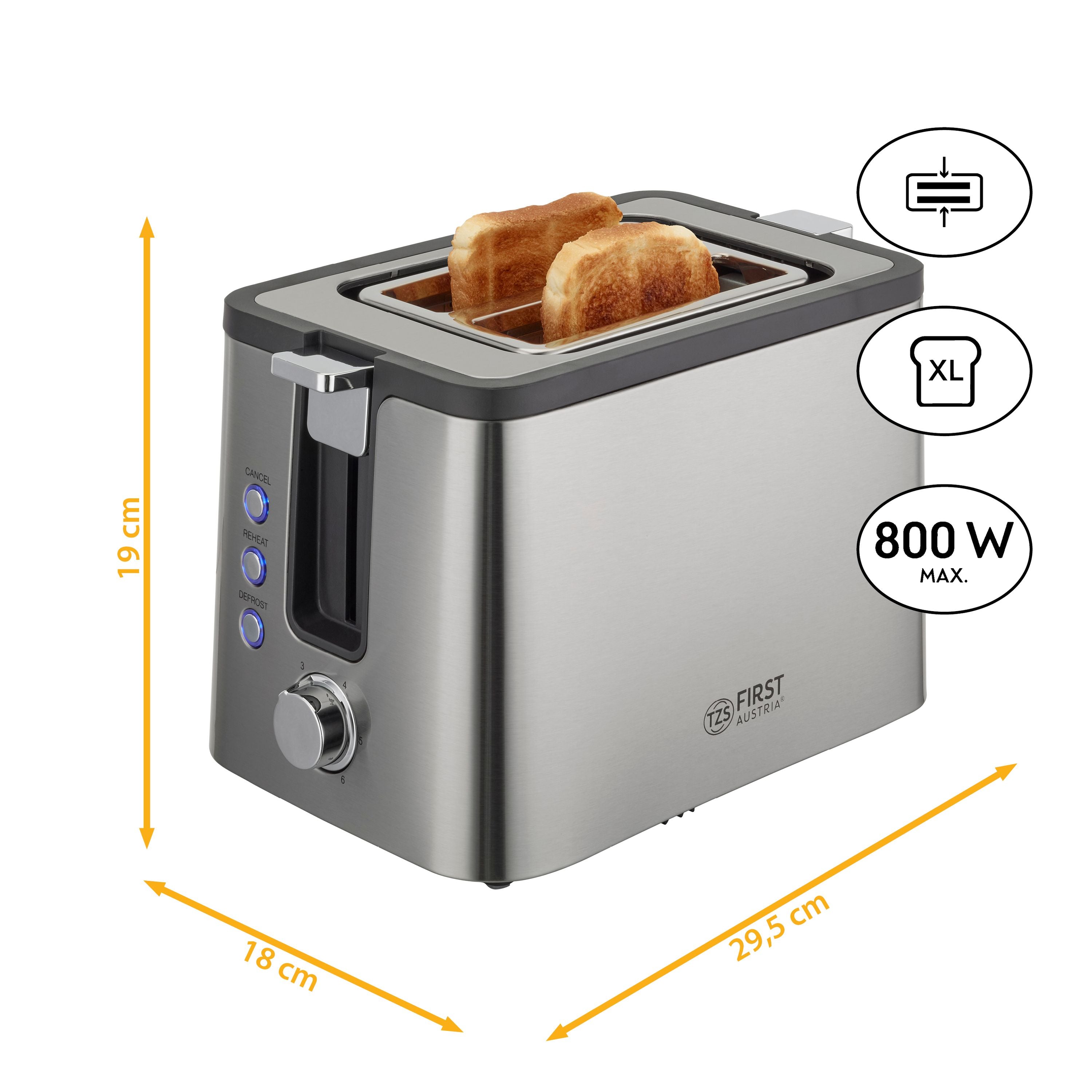 2-Scheiben-Toaster, Brotzentrierung, Auftau- & Aufwärmfunktion, 800W