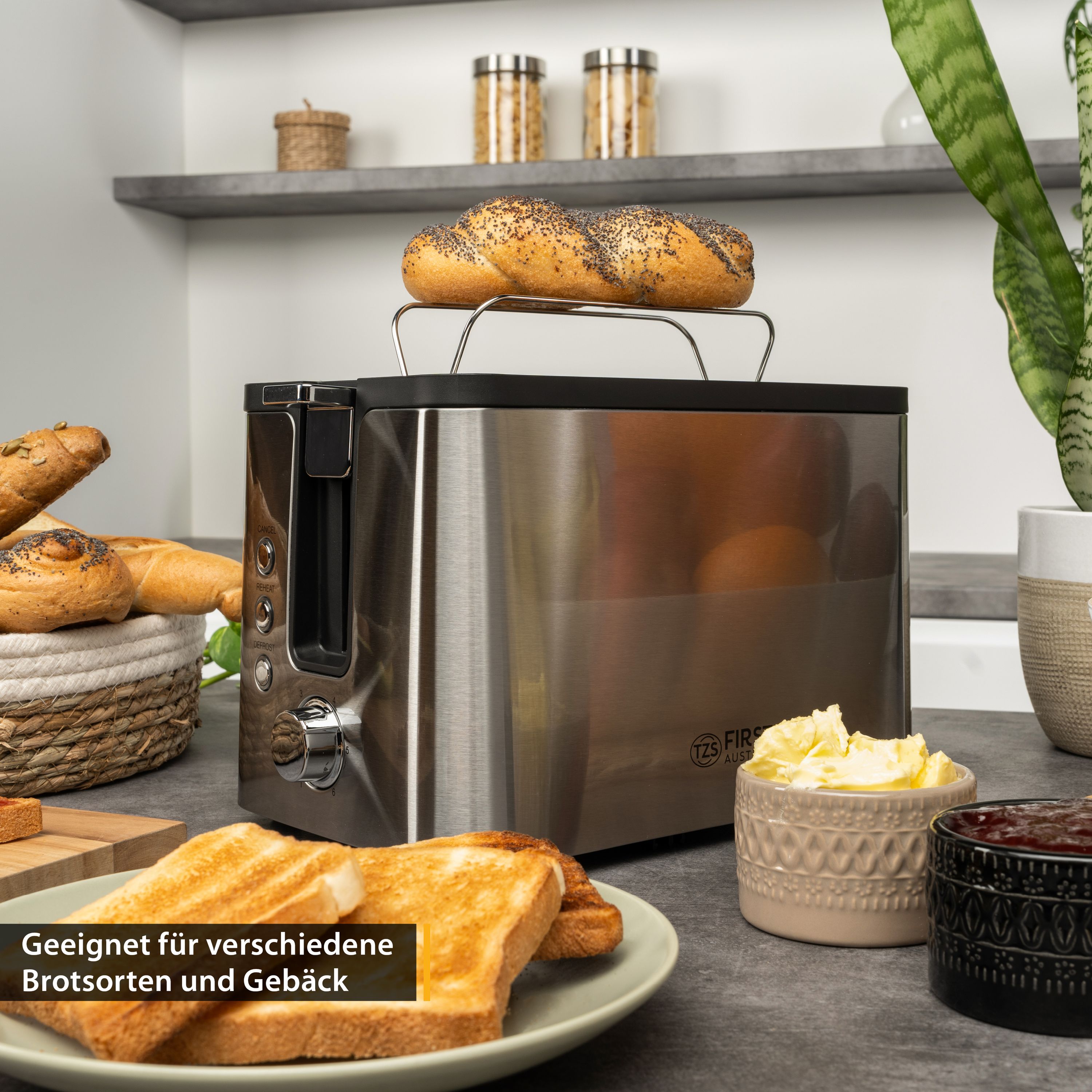 2-Scheiben-Toaster, Brotzentrierung, Auftau- & Aufwärmfunktion, 800W