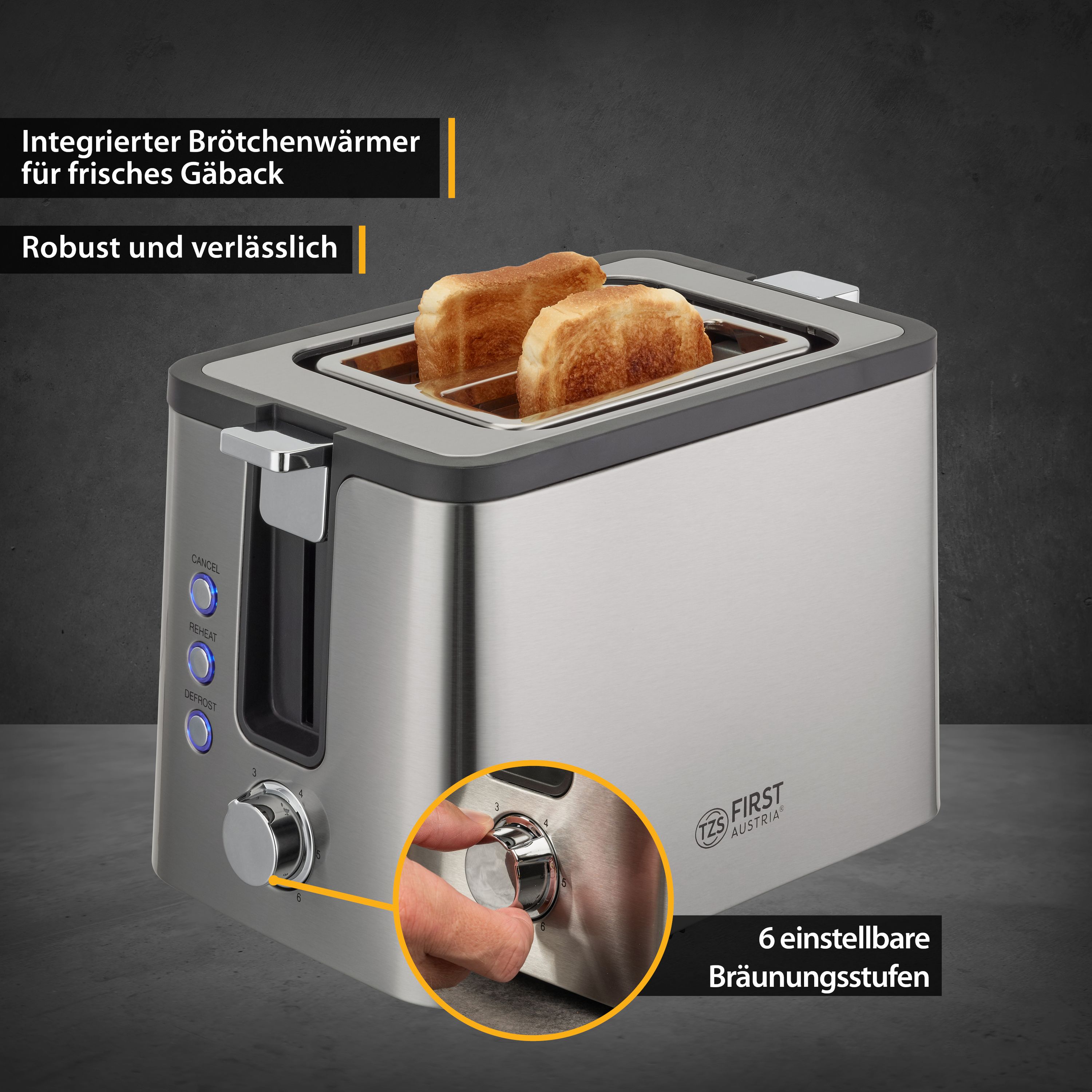 2-Scheiben-Toaster, Brotzentrierung, Auftau- & Aufwärmfunktion, 800W