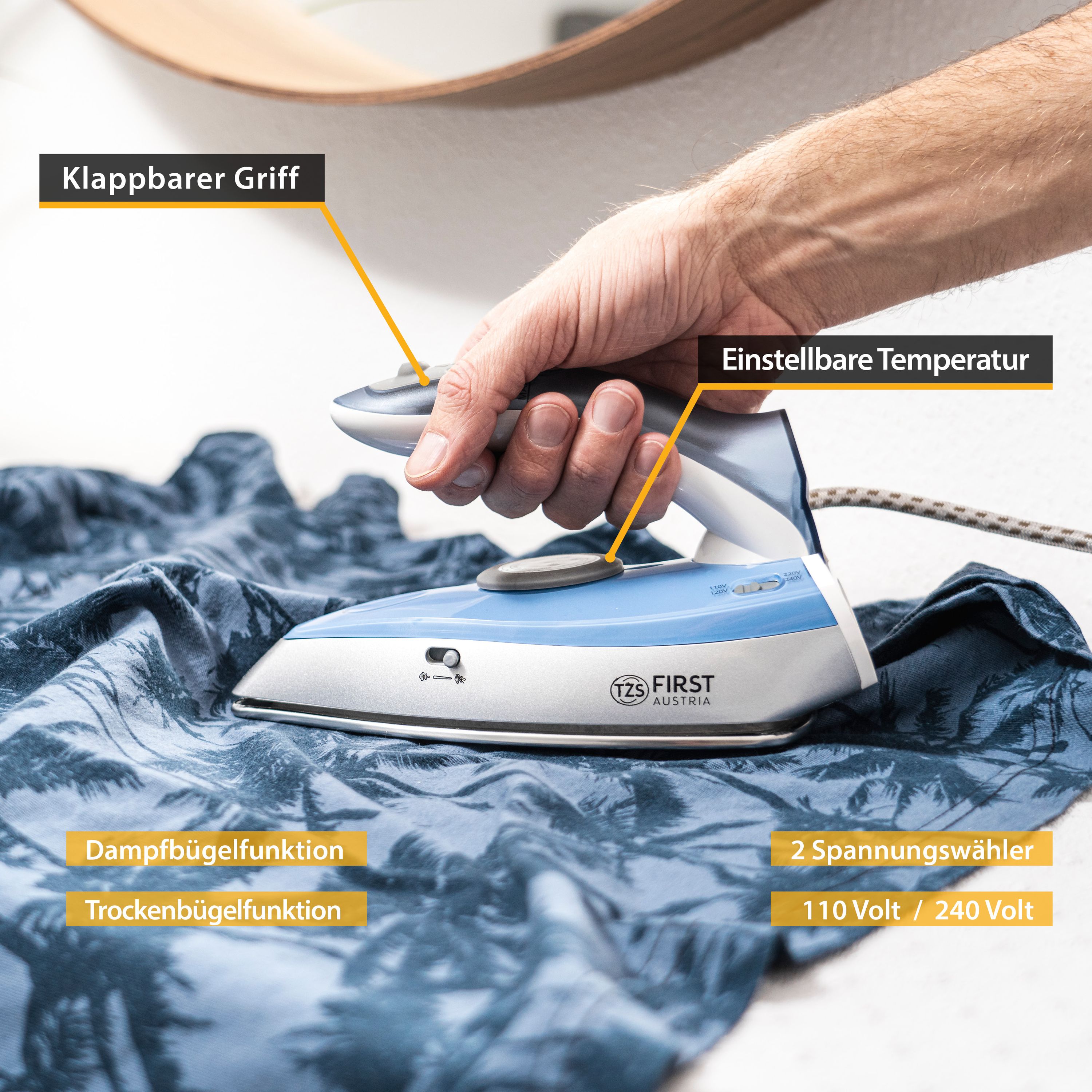 Reisebügeleisen, Mini Bügeleisen mit Klappgriff, Reise Bügeleisen