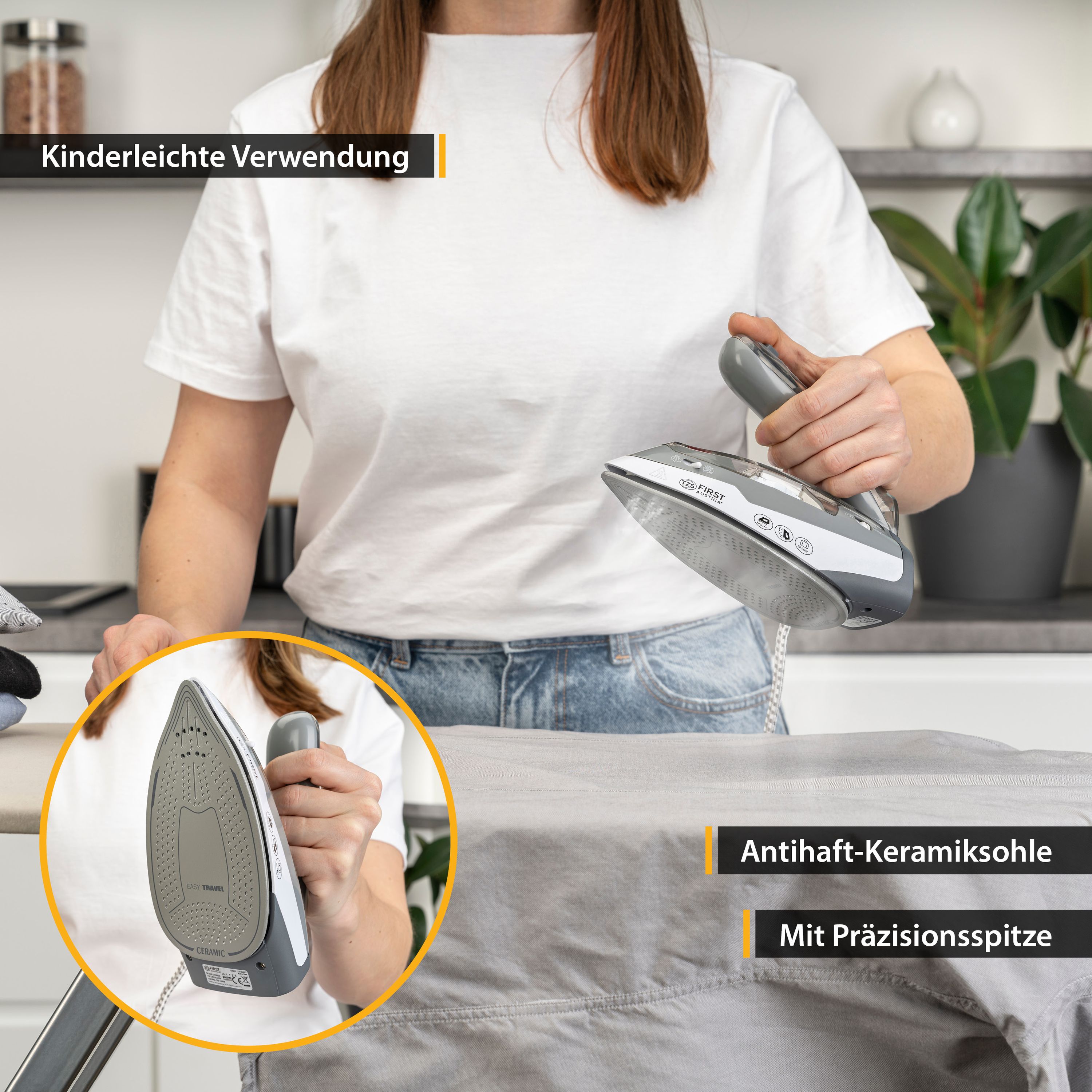 Reisebügeleisen grau, 1100 W, Keramiksohle, klappbarer Griff, Vertikaldampf