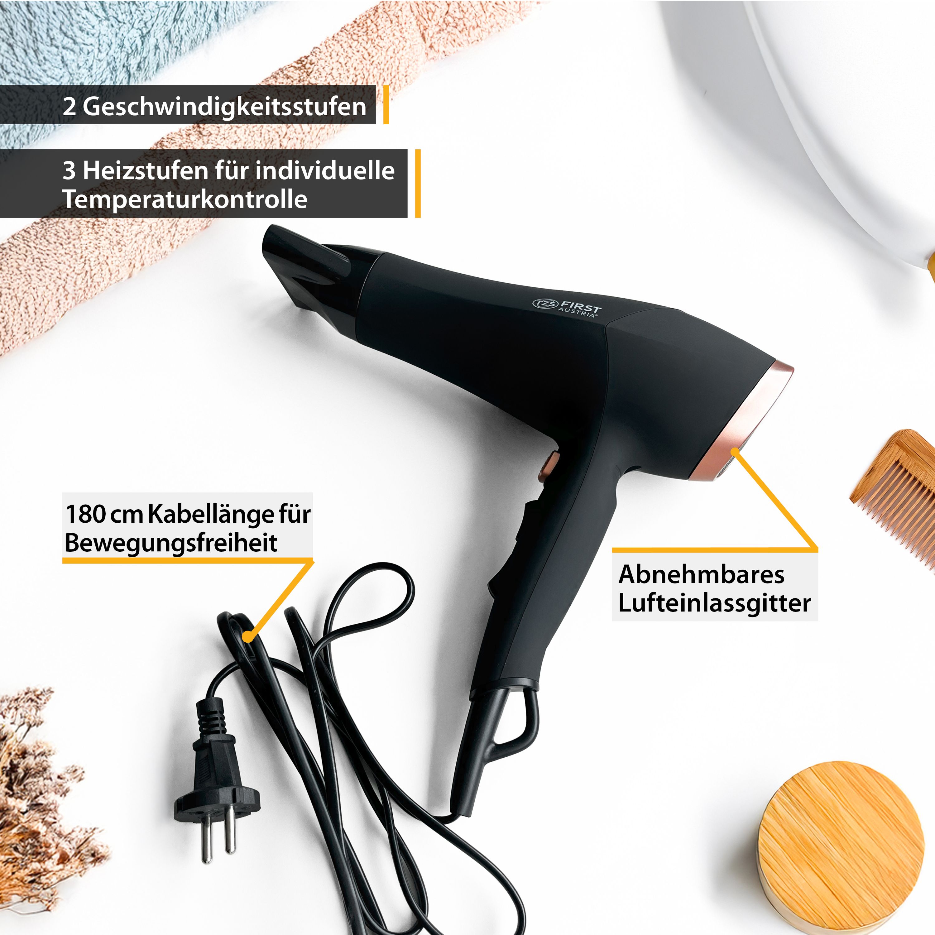 2200W, Ionen, schonendes Styling, 3 Heiz- und 2 Gebläsestufen