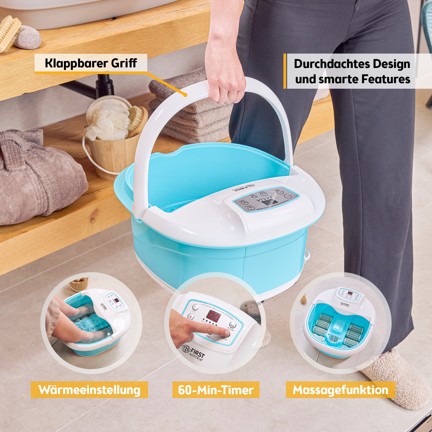 Fußsprudelbad klappbar 450 W, Massagerollen - türkis