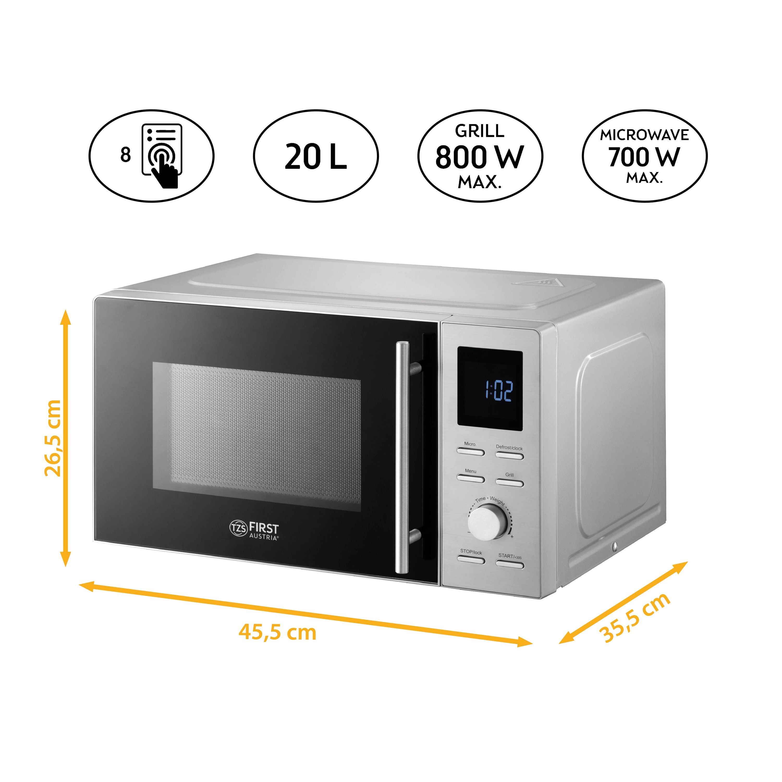 Mikrowelle mit Grillfunktion – Edelstahl, 14 l, 700 W Mikrowelle, 900 W Grill, 8 Programme, LCD-Display