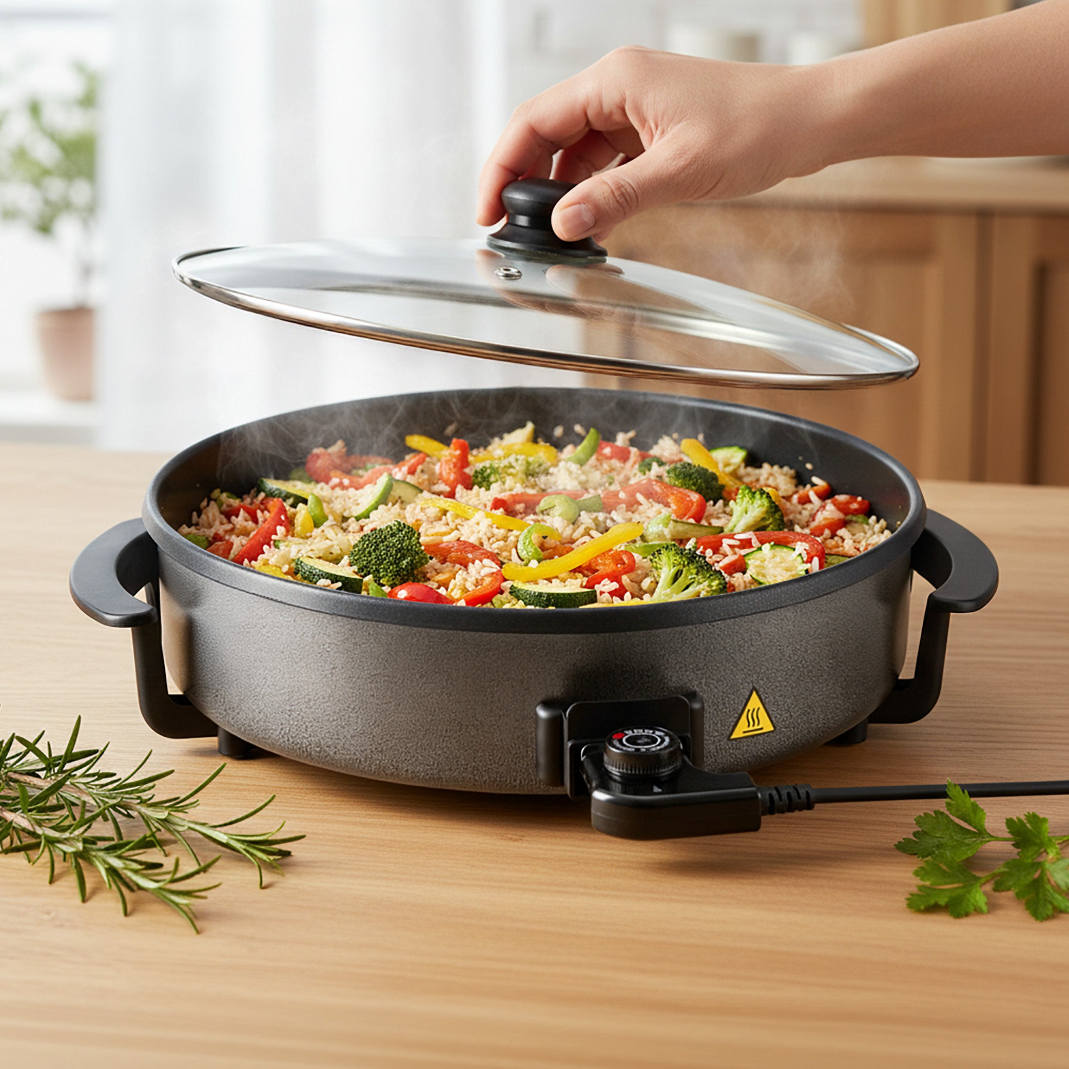 Padella Elettrica Multiuso 40cm, Rivestimento Antiaderente, incl. Coperchio in Vetro