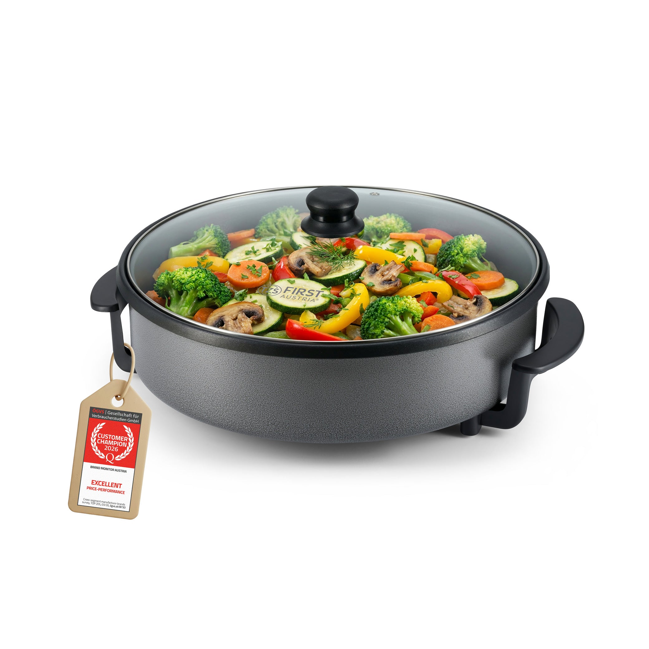 Padella Elettrica Multiuso 40cm, Rivestimento Antiaderente, incl. Coperchio in Vetro