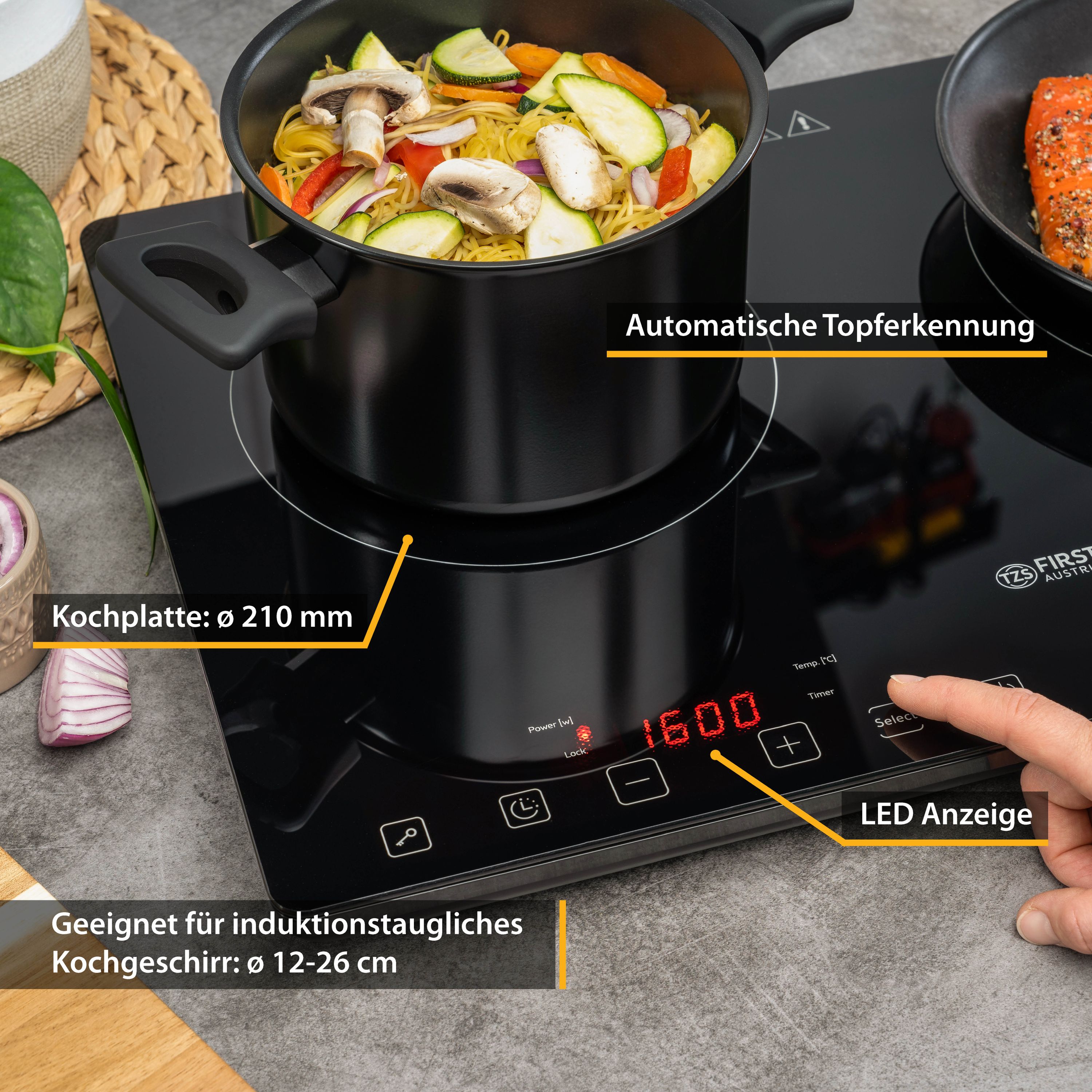 Induktions-Doppelkochplatte 2 × 210 mm, digital & kompakt