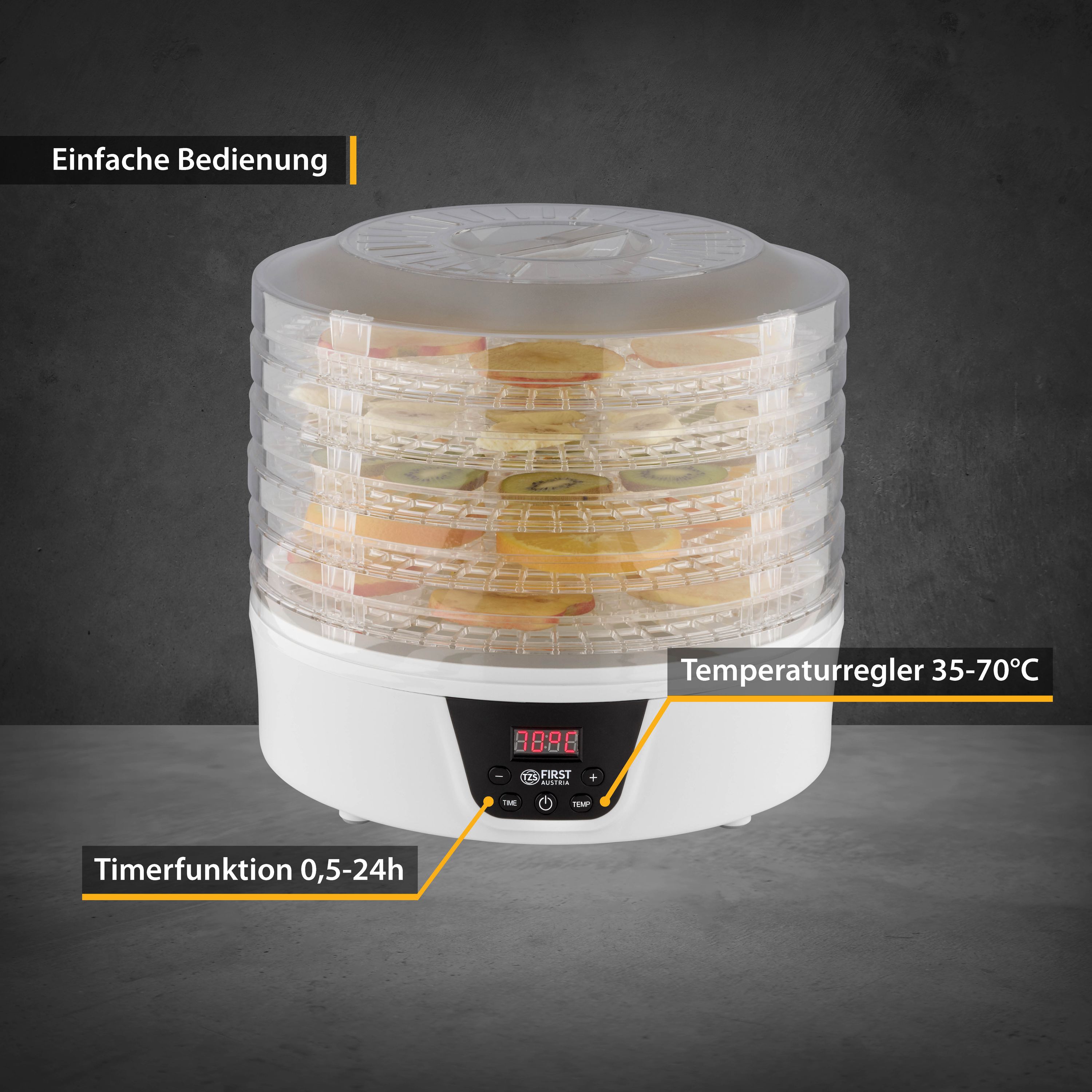 Dörrautomat digital, 5 Ebenen, Timer, BPA-frei, energiesparend, Druckknopf, Display