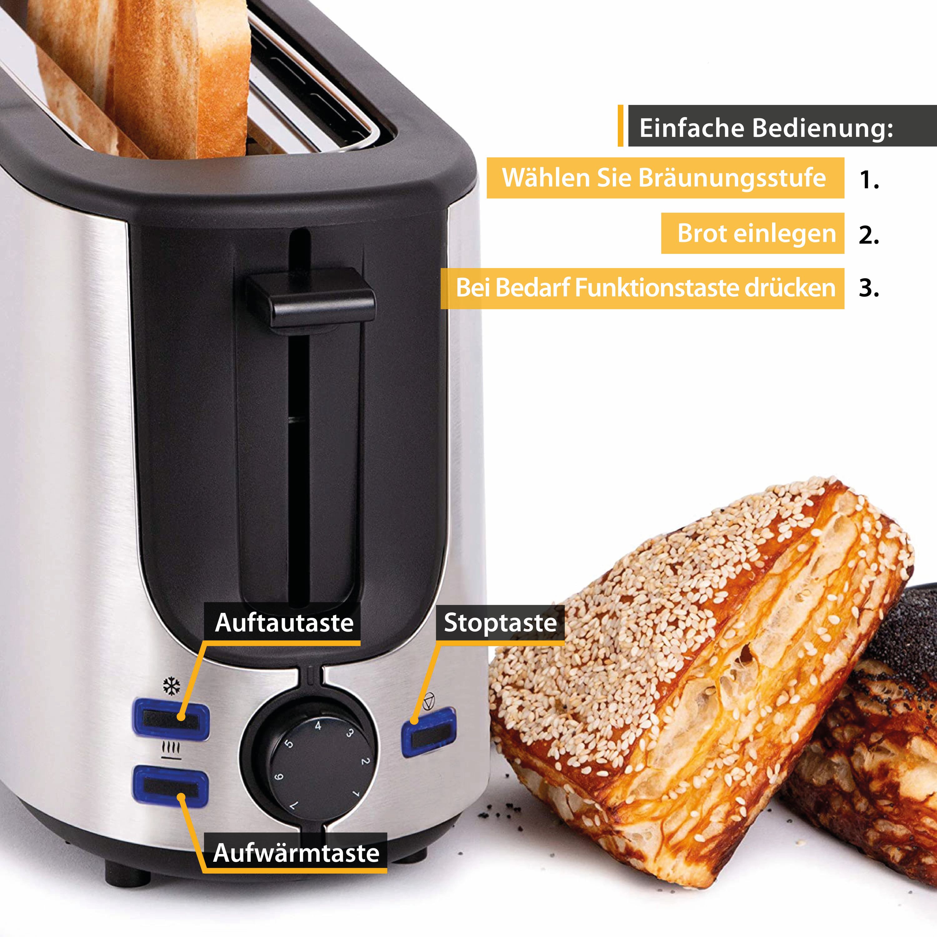 2 Scheiben Toaster, Selbstzentrierfunktion, 7 Bräunungsstufen, 650-750W